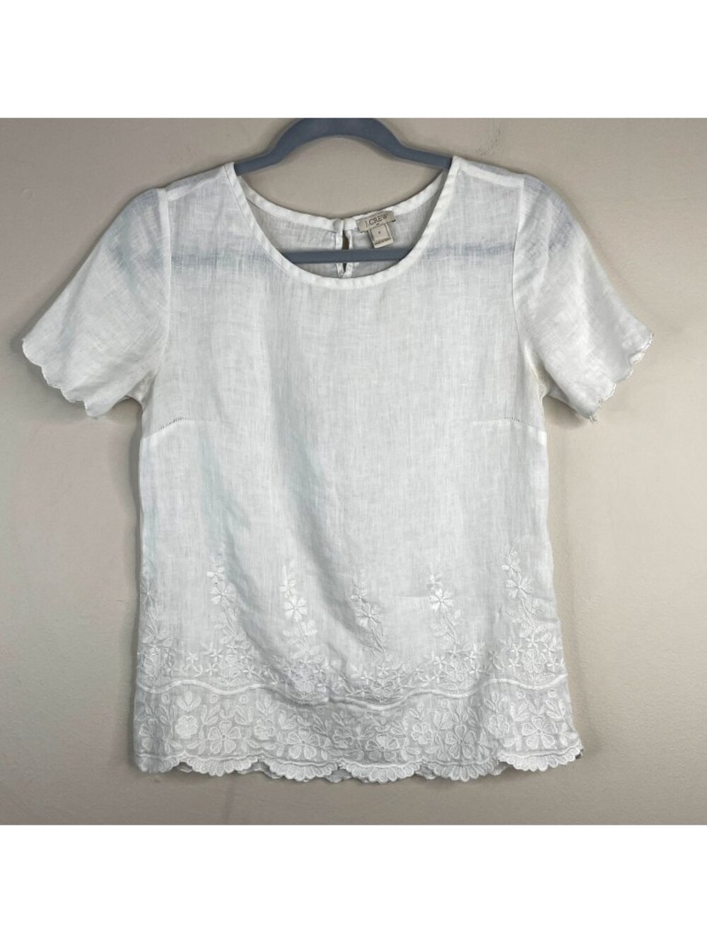 J Crew Linen Top Womens 0 XS Euro Summer Embroidered Crisp Coastal Beach Classic